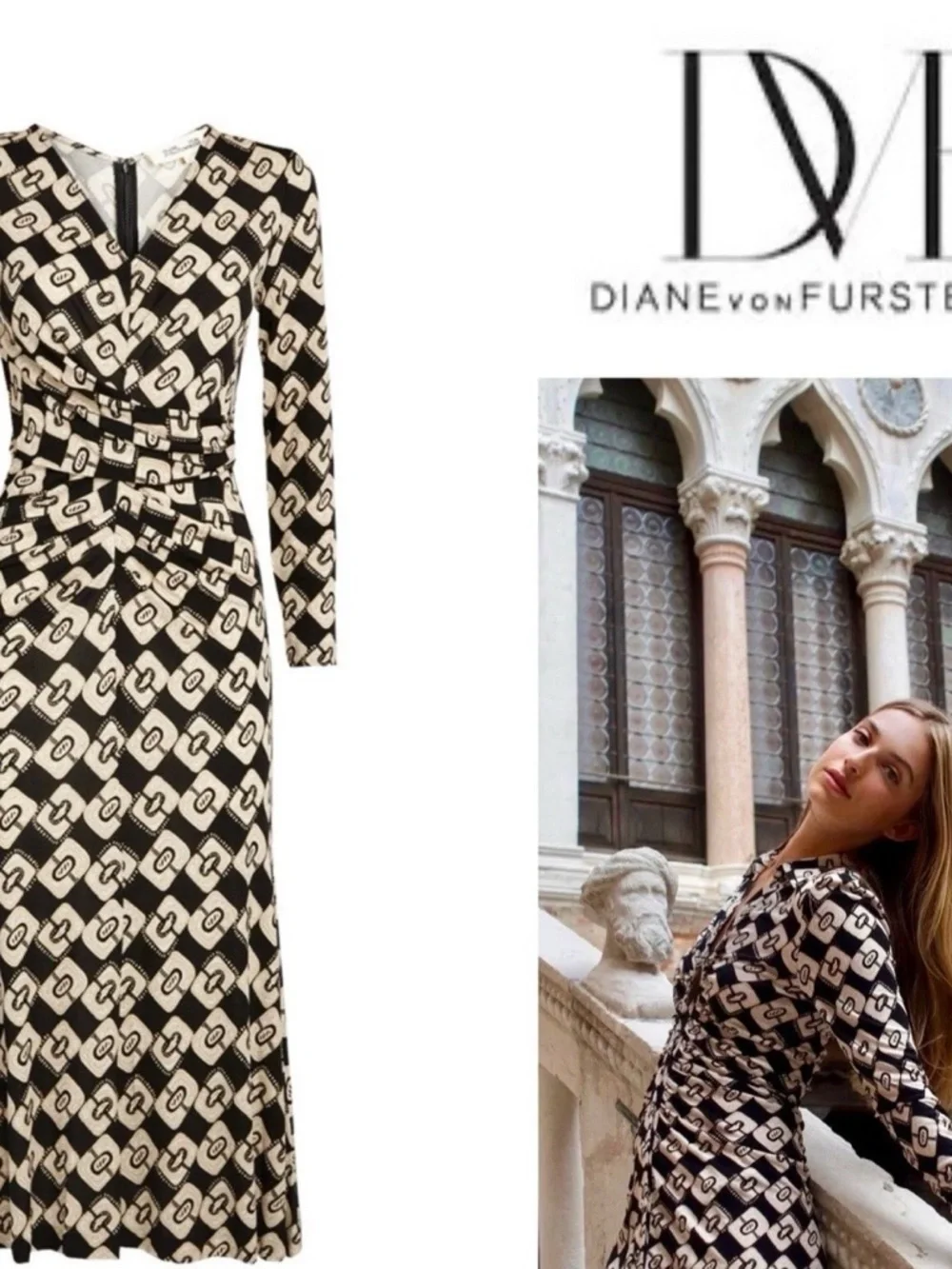 Diane Von Furstenberg Black and Cream Ruched Jersey Midi Dress size 12 - Picture 5 of 12